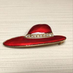Red Hat Society Retro Hat Shaped Enamel Gold Plates Brooch Vintage Jewelry Pin